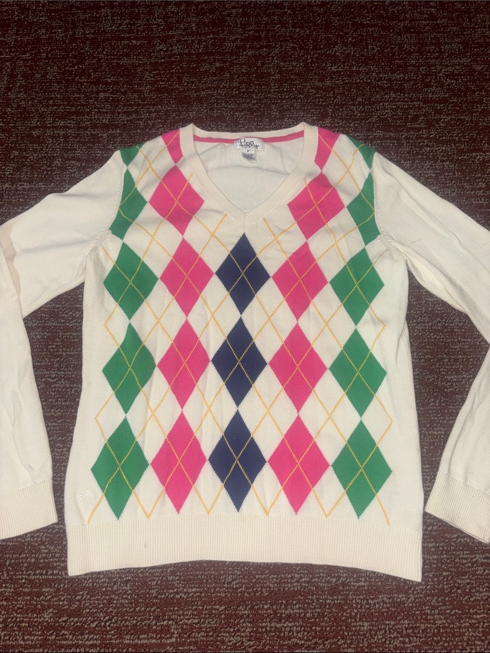 Vintage Lilly Pulitzer cream argyle long sleeve cotton sweater colorful girly S - Picture 2 of 11
